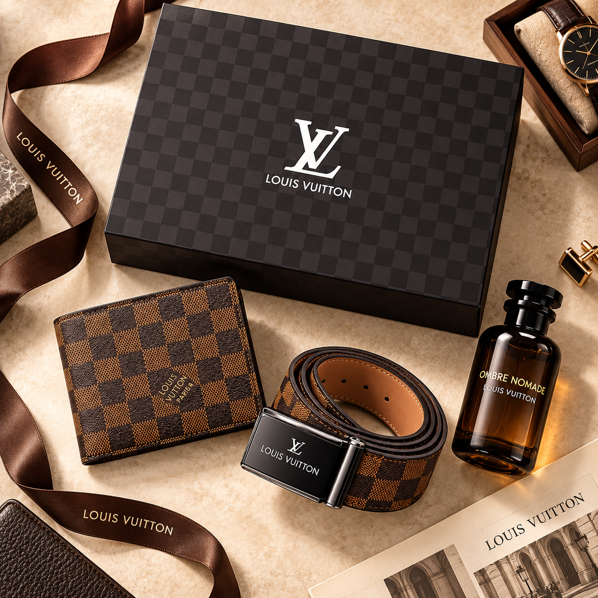 Ombre Nomade Eau de Parfum, Wallet & Belt Gift Set for Men – 3 Piece Fashion Accessory Combo